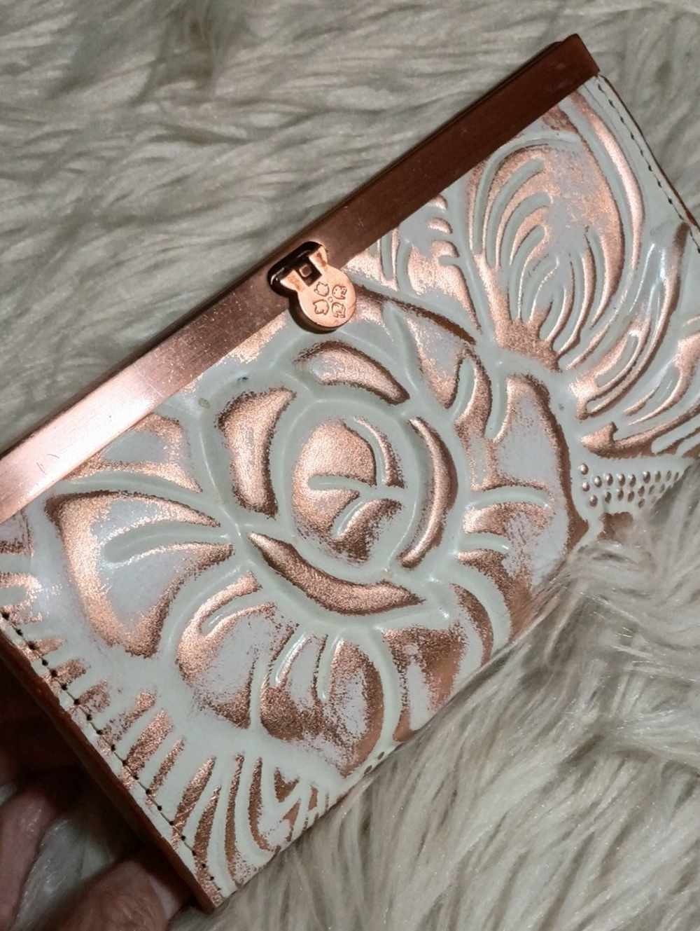 Leather embossed Floral Wallet copper Rose Gold Patricia Nash